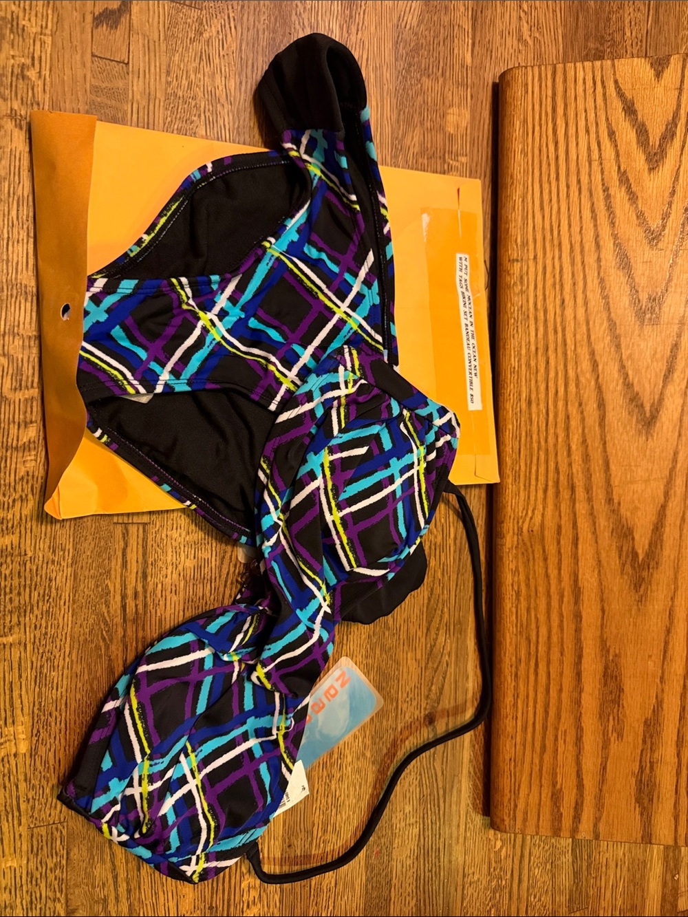 M Plaid Pattern Bikini Top and Bottom Set - Black with Blue Purple Plaid medium